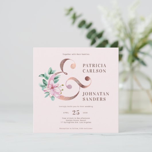 Elegante Hochzeit mit rosafarbenem Rosengold Einladung (Stehend Vorderseite)