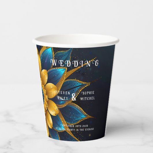 Elegante Hochzeit mit Sapphire und Gold Floral Pappbecher (Vorderseite)