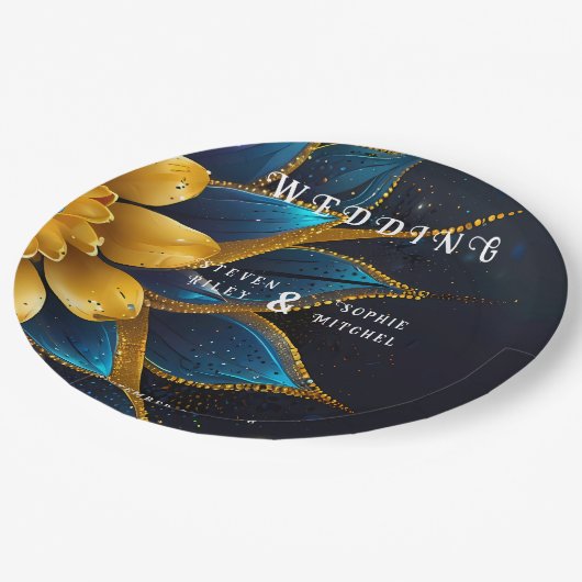 Elegante Hochzeit mit Sapphire und Gold Floral Pappteller (Schrägansicht)