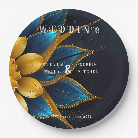 Elegante Hochzeit mit Sapphire und Gold Floral Pappteller (Vorderseite)