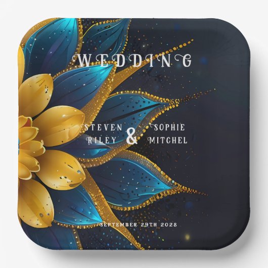 Elegante Hochzeit mit Sapphire und Gold Floral Pappteller (Vorderseite)