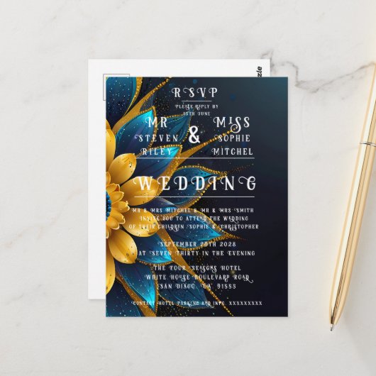 Elegante Hochzeit mit Sapphire und Gold Floral Postkarte (Vorderseite/Rückseite Beispiel)