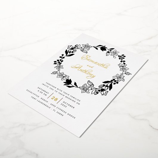 Elegante Hochzeit mit Schwarz-weißem Goldflorenkre Folieneinladung (Gedreht)