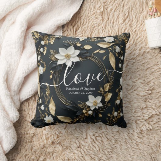 Elegante Hochzeit mit Schwarz-weißem und goldenem Kissen (Decke)