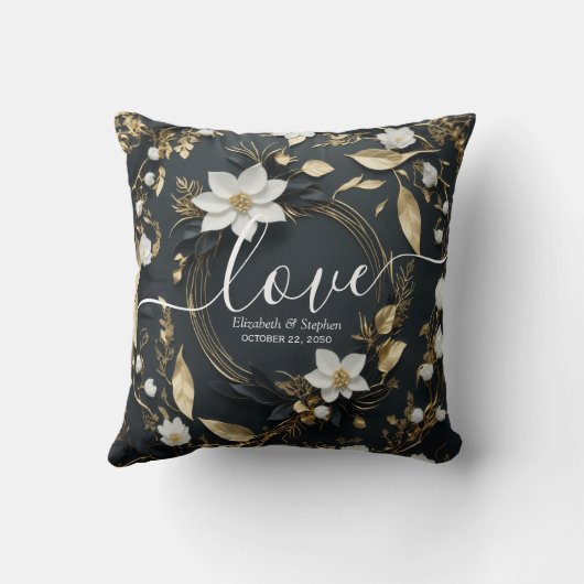 Elegante Hochzeit mit Schwarz-weißem und goldenem Kissen (Rückseite)