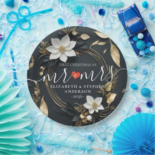 Elegante Hochzeit mit Schwarz-weißem und goldenem Pappteller (Party)