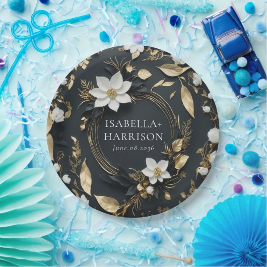 Elegante Hochzeit mit Schwarz-weißem und goldenem Pappteller (Party)