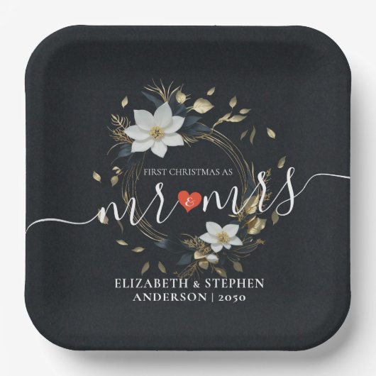 Elegante Hochzeit mit Schwarz-weißem und goldenem Pappteller (Vorderseite)