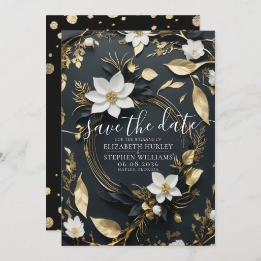 Elegante Hochzeit mit Schwarz-weißem und goldenem Save The Date (Vorne/Hinten)