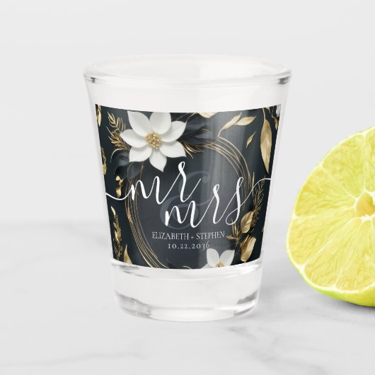 Elegante Hochzeit mit Schwarz-weißem und goldenem Schnapsglas (Vorderseite)