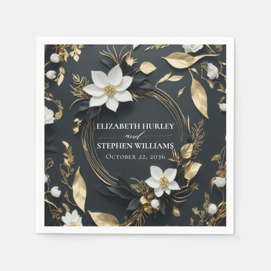 Elegante Hochzeit mit Schwarz-weißem und goldenem Serviette (Vorderseite)