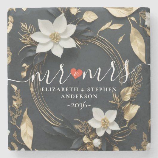 Elegante Hochzeit mit Schwarz-weißem und goldenem Steinuntersetzer (Vorderseite)