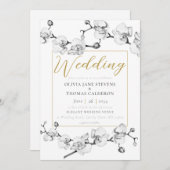 Elegante Hochzeit mit Schwarz-weißer Goldflora Einladung (Vorne/Hinten)