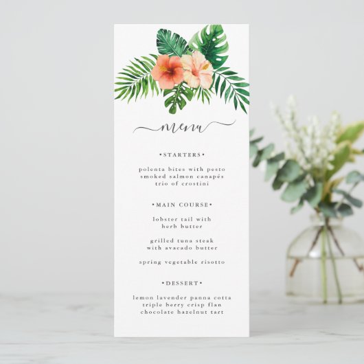 Elegante Hochzeit mit tropischer Wasserfarbe Menükarte (Stehend Vorderseite)