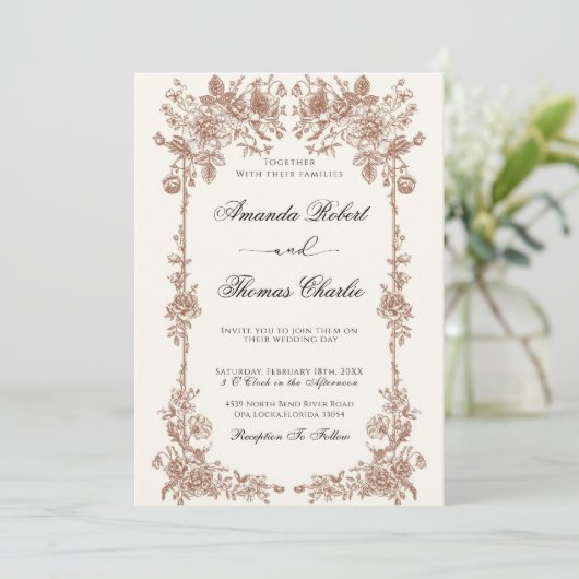 Elegante Hochzeit mit Vintager Blüte Einladung (Stehend Vorderseite)