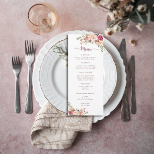 Elegante Hochzeit mit Wasserfarbe Rosa Blütenfarbe Menükarte