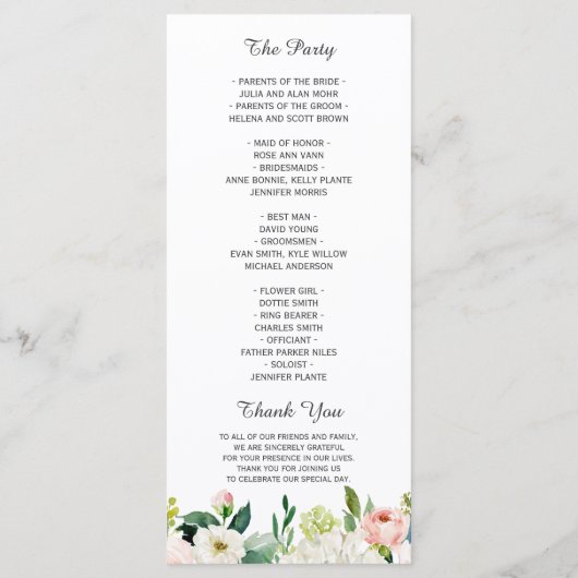 Elegante Hochzeit mit Wasserfarbe Rosa Blütenfarbe Programm (Rückseite)