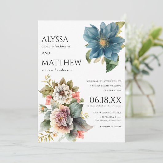 Elegante Hochzeit mit weißem Korallenblau, Pink un Einladung (Stehend Vorderseite)