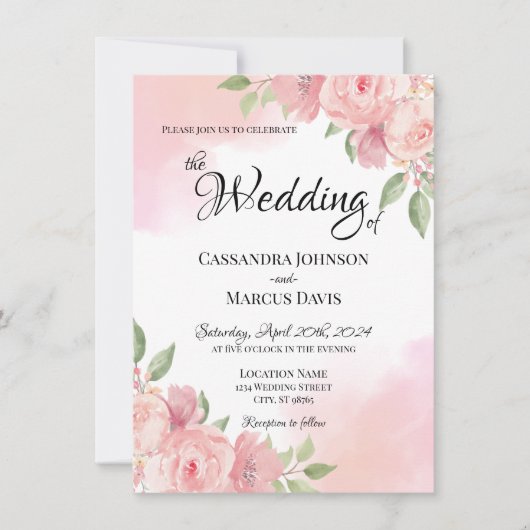 Elegante Hochzeit mit weißem Rosa Wasserfarben Einladung (Vorderseite)