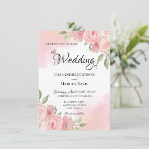 Elegante Hochzeit mit weißem Rosa Wasserfarben Einladung
