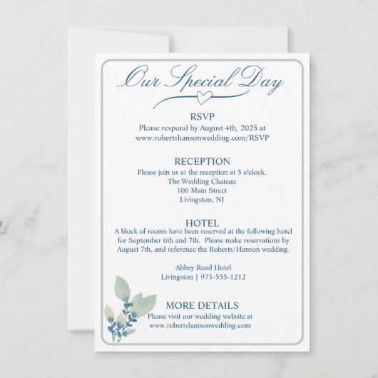 Elegante Hochzeit mit weißer, grüner und blauer Fl Einladung (Rückseite)