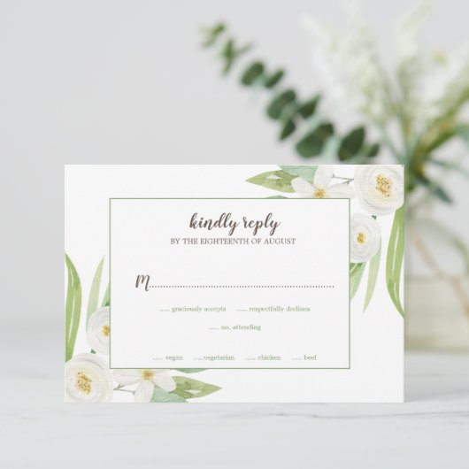Elegante Hochzeit mit weißer und grüner Blüte RSVP Karte (Stehend Vorderseite)
