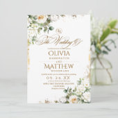 Elegante Hochzeit mit White Roses & Gold Einladung (Stehend Vorderseite)