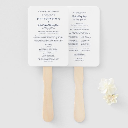 Elegante Hochzeit Moderne Zeremonie Programm Navy Fächer (Vorne und Hinten)
