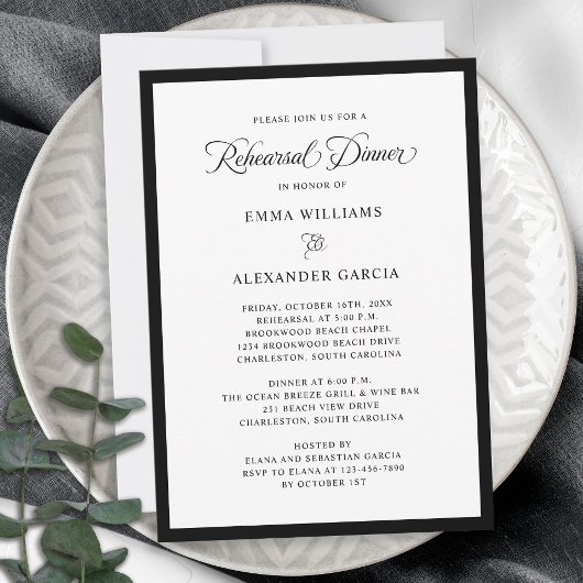 Elegante Hochzeit Probe Abendessen formell Schwarz Einladung