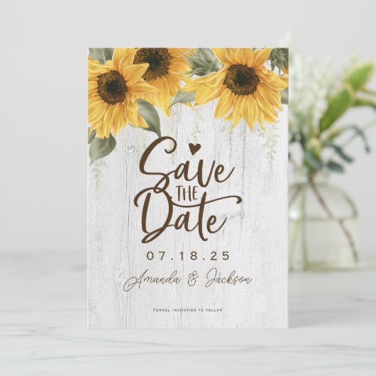 Elegante Hochzeit rustikaler Sonnenblumen Save The Date (Stehend Vorderseite)