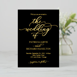 Elegante Hochzeit Schwarz Gold Kalligrafie Folieneinladung