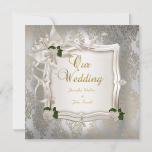 Elegante Hochzeit Sepia Weiße Rosen Silber Einladung