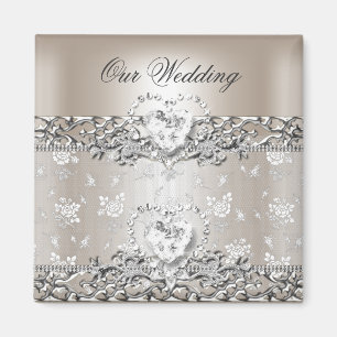 Elegante Hochzeit Silber Creme Diamant Herz Einlad Magnet