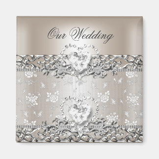 Elegante Hochzeit Silber Creme Diamant Herz Einlad Magnet