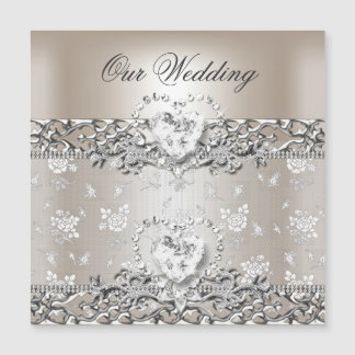 Elegante Hochzeit Silber Creme Diamant Herz Einlad Magnetkarte