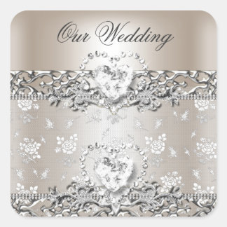 Elegante Hochzeit Silber Creme Diamant Herz Einlad Quadratischer Aufkleber