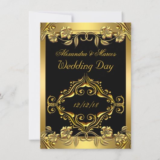 Elegante Hochzeit Verziertes Schwarzes Gold Einladung (Vorderseite)