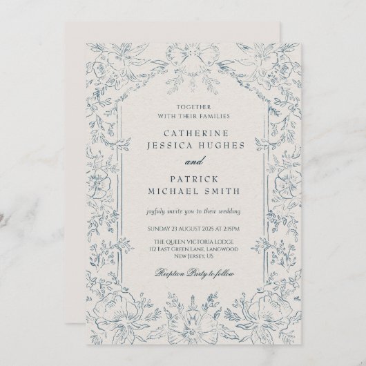 Elegante Hochzeit Viktorianisch Blauer Flora Einladung (Vorne/Hinten)