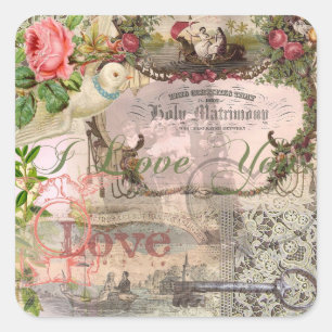 Elegante Hochzeit Vintage Ehe Antike Vintag Quadratischer Aufkleber