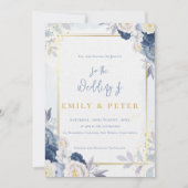 Elegante Hochzeit von Blue Floral Gold Border Einladung (Vorderseite)