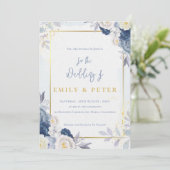 Elegante Hochzeit von Blue Floral Gold Border Einladung (Stehend Vorderseite)
