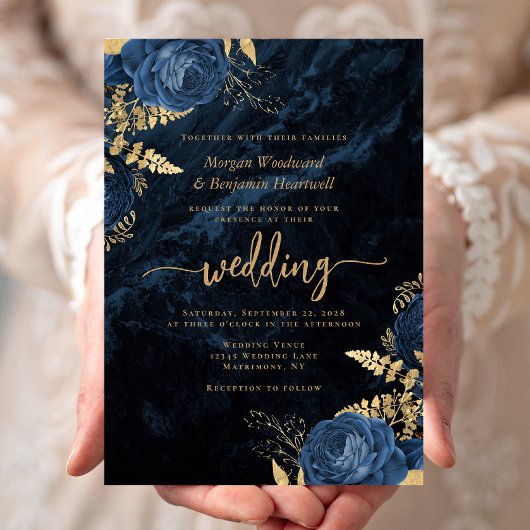 Elegante Hochzeit von Blue Gold Floral Einladung