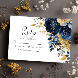 Elegante Hochzeit von Blue Gold Floral RSVP Karte