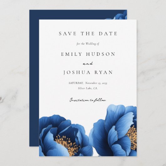 Elegante Hochzeit von Blue Gold Floral Save The Date (Vorne/Hinten)