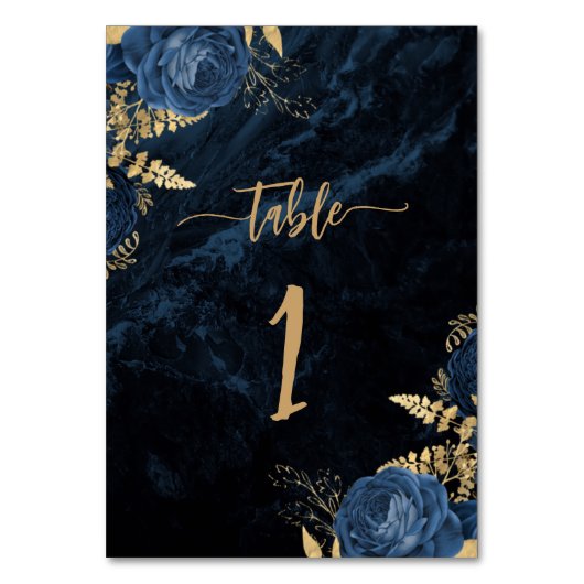 Elegante Hochzeit von Blue Gold Floral Tischnummer (Vorderseite)