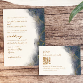Elegante Hochzeit von Blue-Gold-Marmor-Typografie Einladung