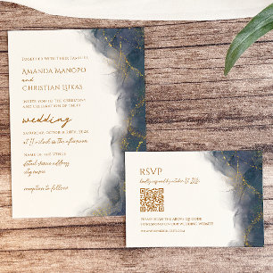Elegante Hochzeit von Blue-Gold-Marmor-Typografie Einladung