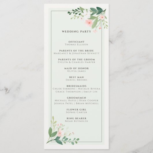 Elegante Hochzeit von Botanical Soft Green Blush Programm (Rückseite)