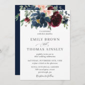 Elegante Hochzeit von Burgundy Blush Navy Blue Flo Einladung (Vorne/Hinten)