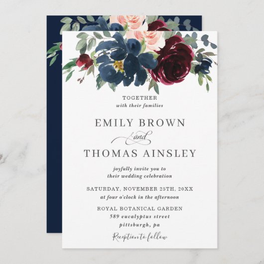 Elegante Hochzeit von Burgundy Blush Navy Blue Flo Einladung (Vorne/Hinten)